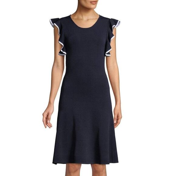 Shoshanna Saya Dress Knit Ruffle Flutter Sleeve Scoop Neck A-line Navy White L - Picture 1 of 8
